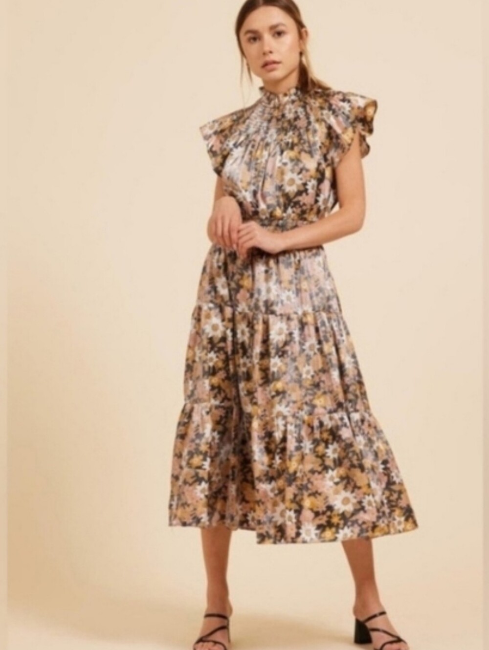 Moodie Retro Floral Earth tones High Smocked Neck  Dress Size XSmall